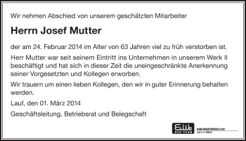 Traueranzeige von Josef Mutter von Pegnitz-Zeitung